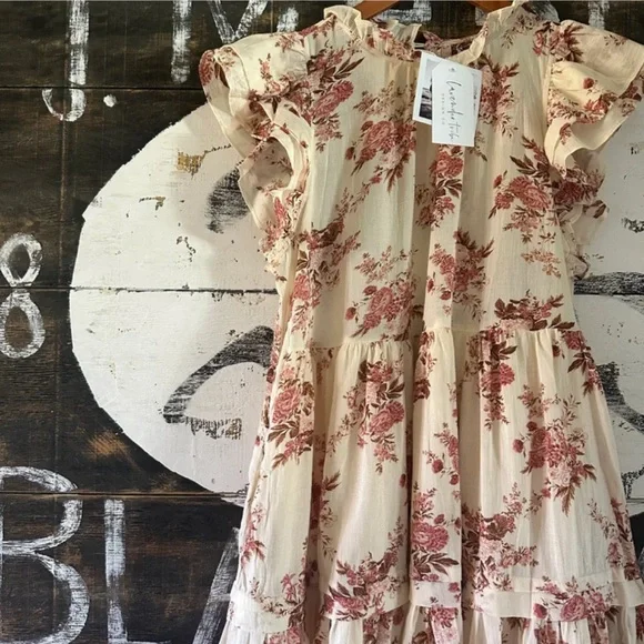 New Cottage Rose Floral Cotton Dress Romantic Knee Length Ruffle Detail Boho - Picture 2 of 5